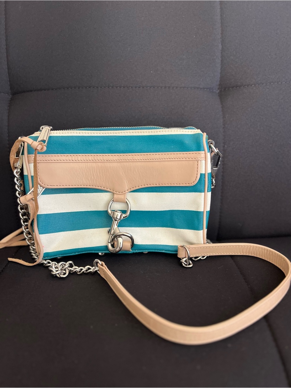 Rebecca Minkoff Striped Teal and Cream Crossbody Bag with TanTrim